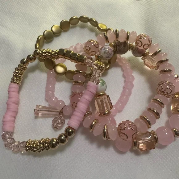 Charmed Stacked Pink and Gold Beaded Bracelets - Picture 5 of 6